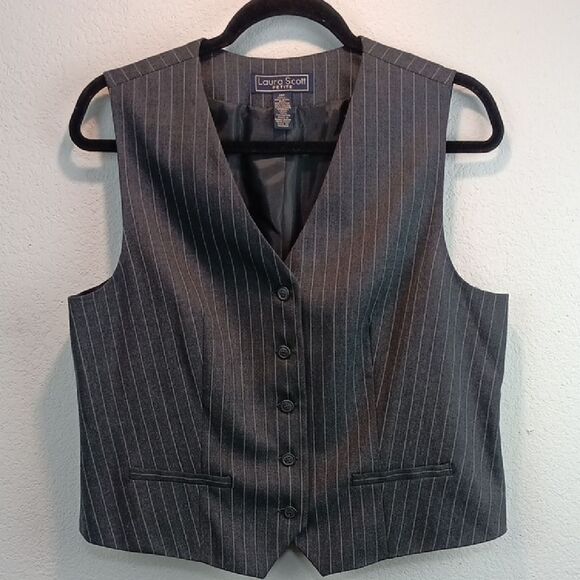 Laura Scott  Dark Gray / White Pinstripe Button Down Vest sz 14p Business Casual - Picture 2 of 7